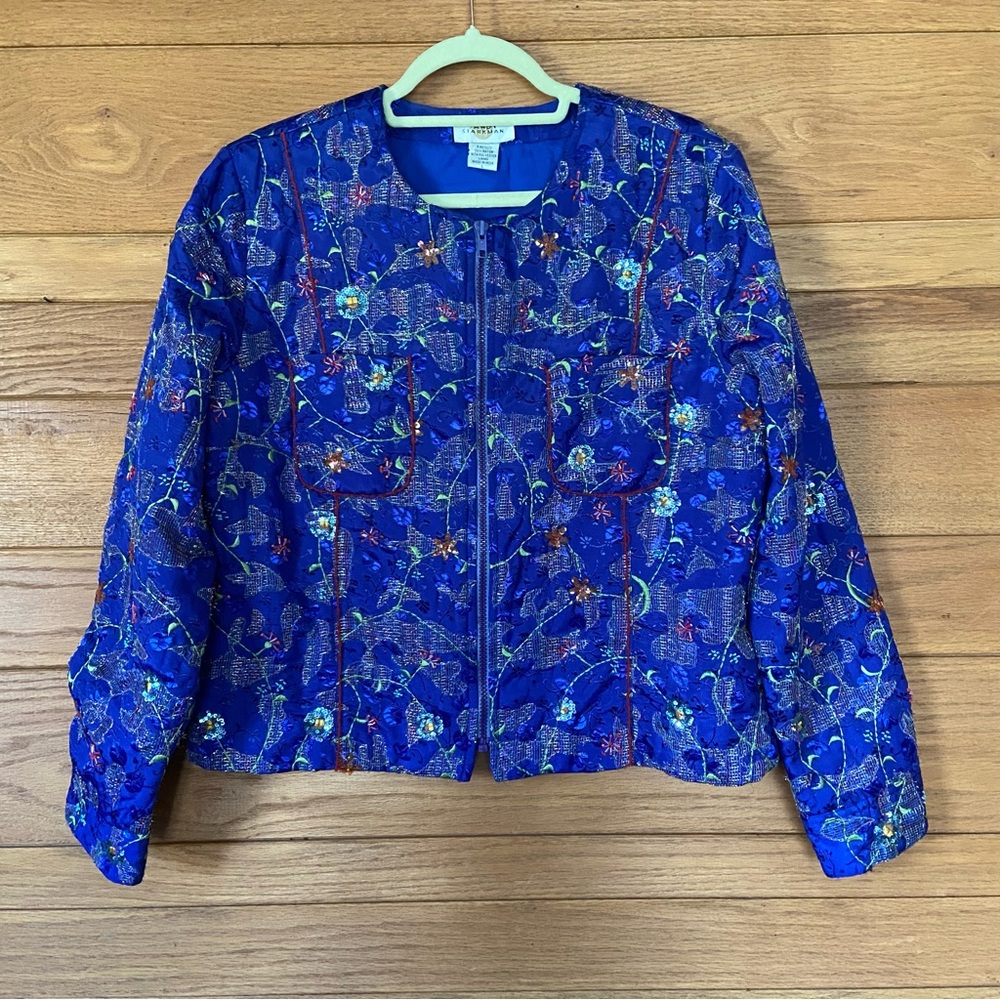 Vintage 90s Sandy Starkman blue sequined floral embroidered zip front jacket